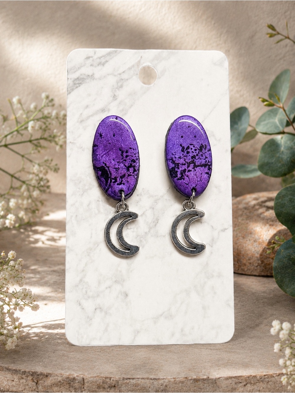 Handmade Purple Stone Crescent Moon Drop Earrings